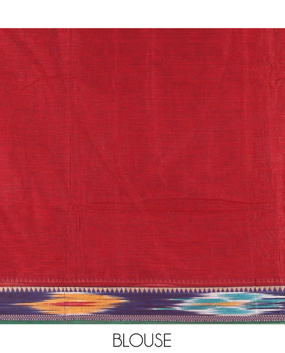 Maroon Plain Mercerised Cotton Saree, a Contrast Ikat Border, an Ikat Weave Pallu, and a Matching Blouse