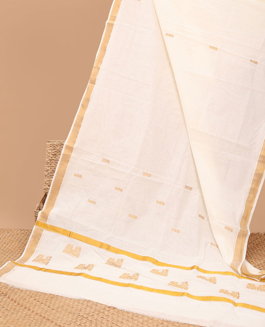 Cream kerala saree, zari border & pallu of peacock zari designs