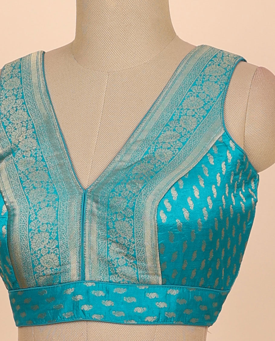 Blue floral zari design front & back deep v-neck raw-silk readymade sleeveless blouse