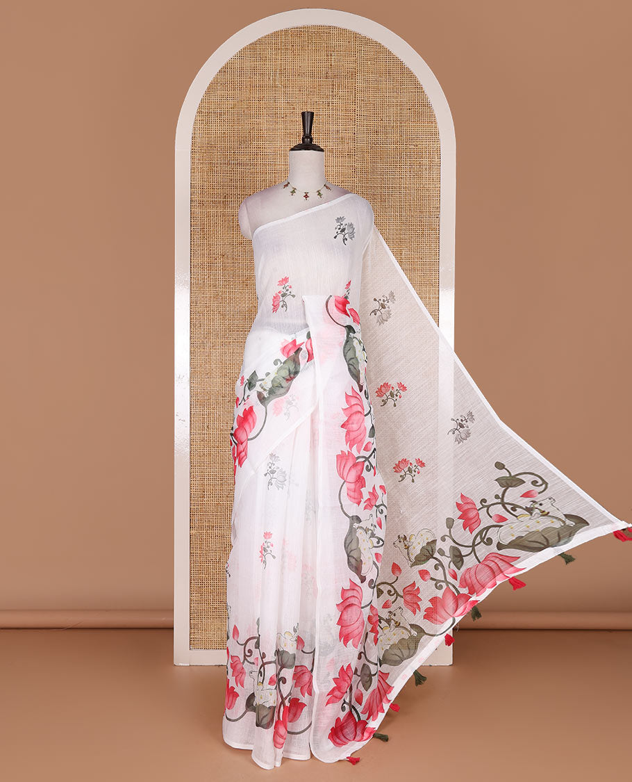 Borderless white pichwai lotus vine and cows linen saree, pichwai printed pallu, and lotus floral printed blouse