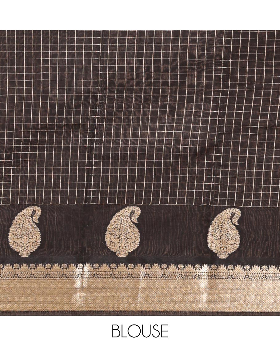 Peach Assam Silk Saree, Decorated with Checks, Complemented by Contrast Traditional Paisley Zari Design Border, Zari Striped Pallu, and a Contrast Blouse