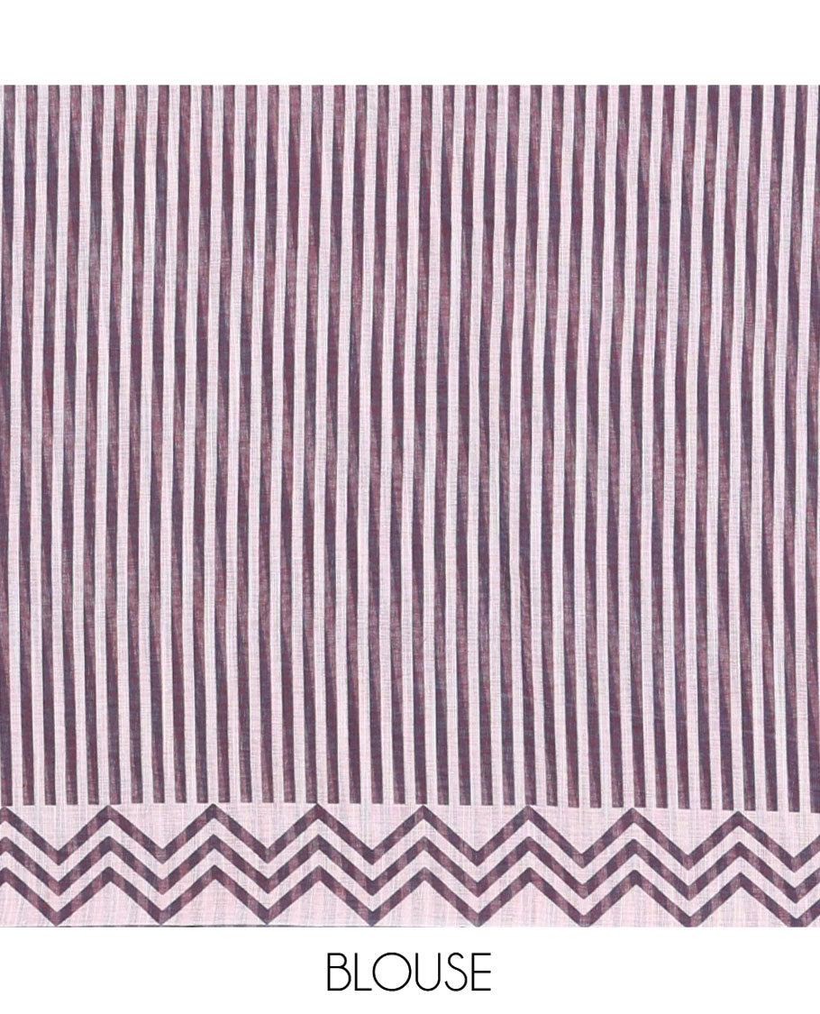 Pink-Tomato Red Linen Cotton Saree, Adorned with Ombre-Style Dyed with Mirror Work Across Its Body, Subtly Sparkled Scallop Thread Border, Pallu Steeped with Stripes and Mirror Work, and Paired with a Contrast Vertical Stripes Printed Blouse