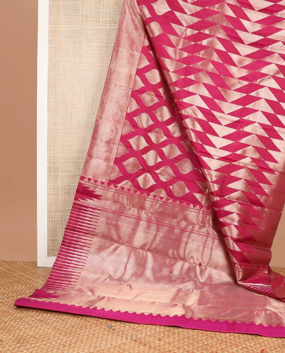 Red geometric design kancheepuram silk saree with self zari border & bhavanji pallu