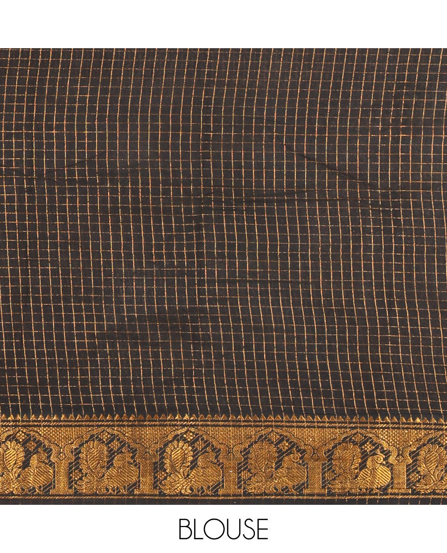 Mustard Sungudi Cotton Saree, Subtly Sparkled with Checks on Its Body, Complemented by a Contrast Temple Border of Peacock Motifs, Pallu Steeped with Stripes, and Paired with a Contrast Blouse