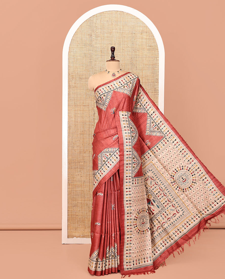 Rust Tussar Silk Saree, Adorned with Warli Motifs, Contrast Warli Printed Pallu, Warli Pallu, and Matching Blouse