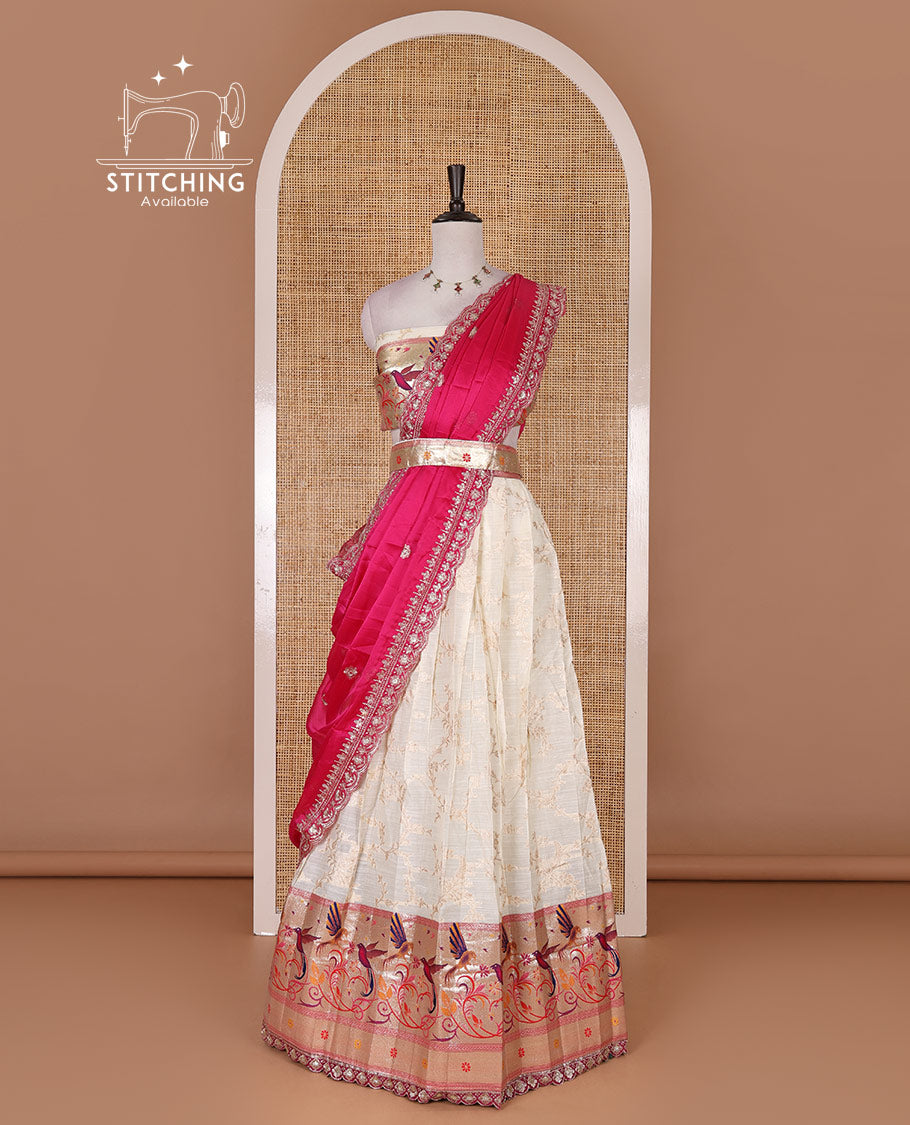 Cream banaras halfsaree, jaal jacquard skirt, contrast green paithani border, matching blouse, and Syska georgette embroidered dhavani