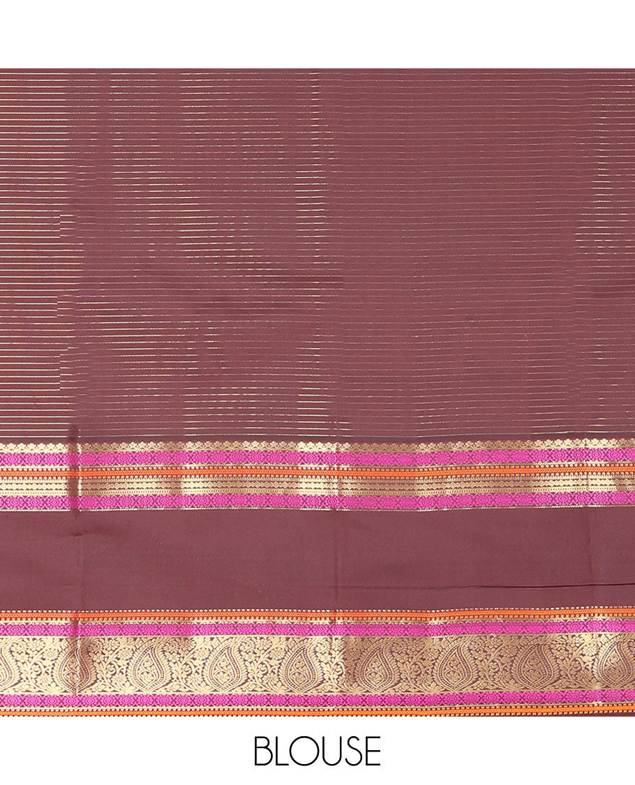 Pink Vasundhara Lite Silk Mix Saree, Decked Up with a Checked Design on Its Body, Complemented by a Contrast Rettai Pettu Border of Salngai, Poo Chakram, Muthu, Kathir, and Manga Designs, Pallu Steeped with Leaf Motifs, and Paired with a Contrast Blouse