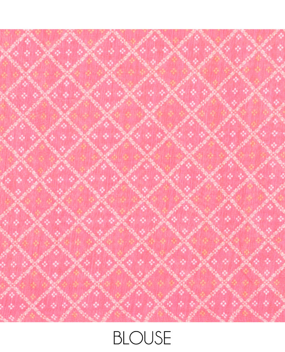 Yellow-Pink Linen Cotton Saree Features Ombre Dye and Mirrorwork, Scallop Border, and Contrast Blouse