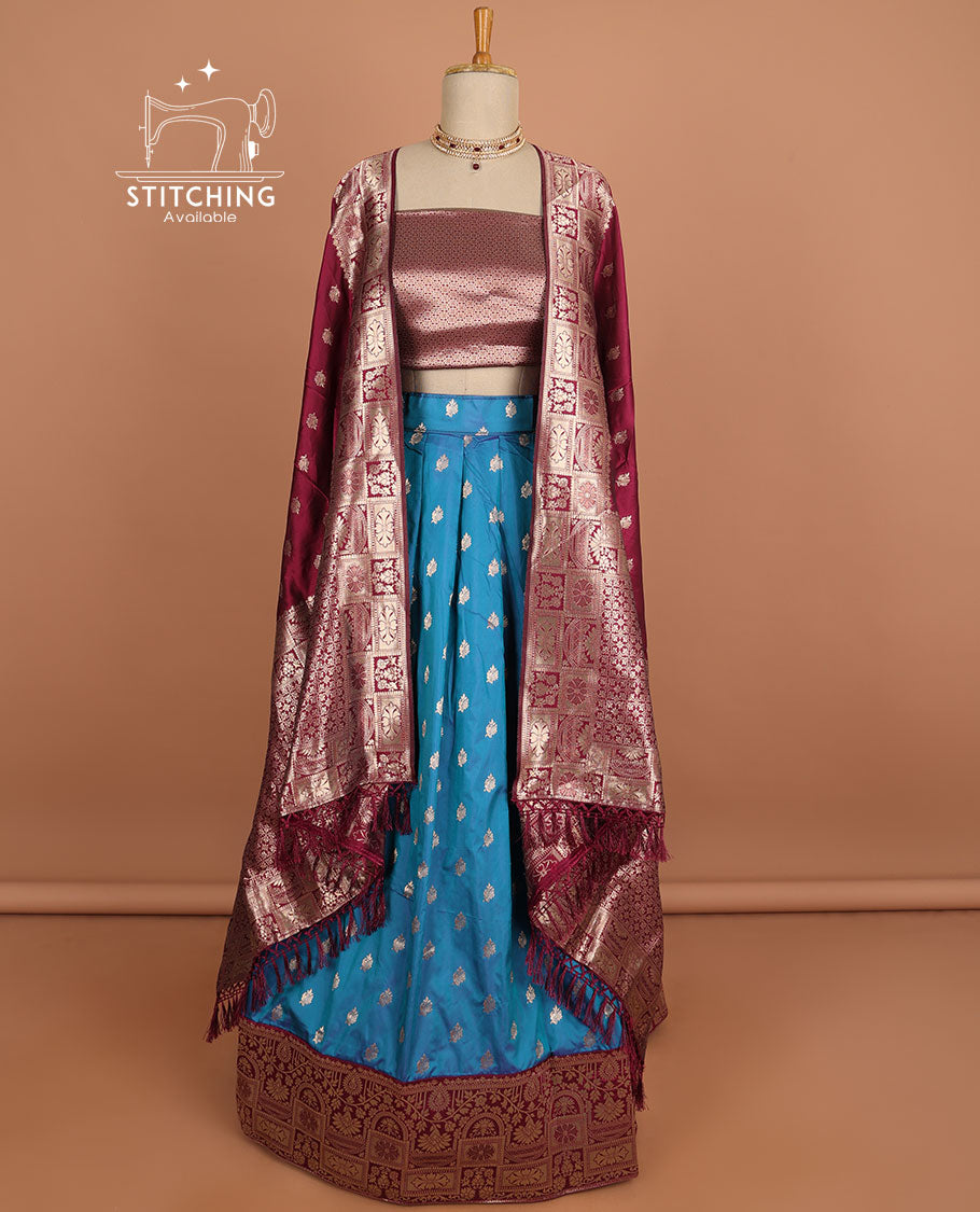 Turquoise buttas half sare with contrast zari border, zari design blouse & floral design dhavani