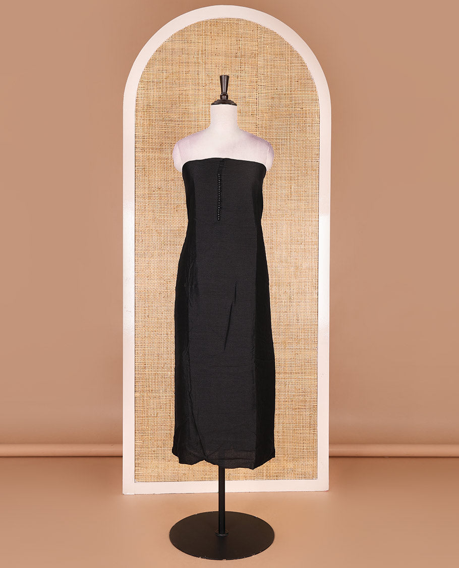 Black material chudidar set, plain with fancy thermacol balls neck work Vichitra top, cotton bottom, and floral with bandhani printed dupatta