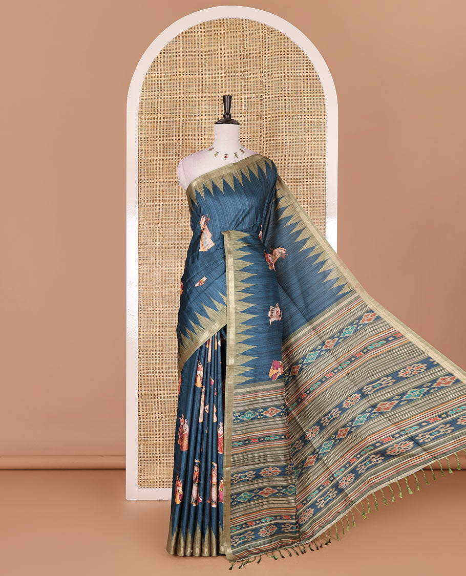 Dark blue Radha motifs printed katan silk saree, contrast temple border, ikkat motifs woven pallu, and contrast printed pallu