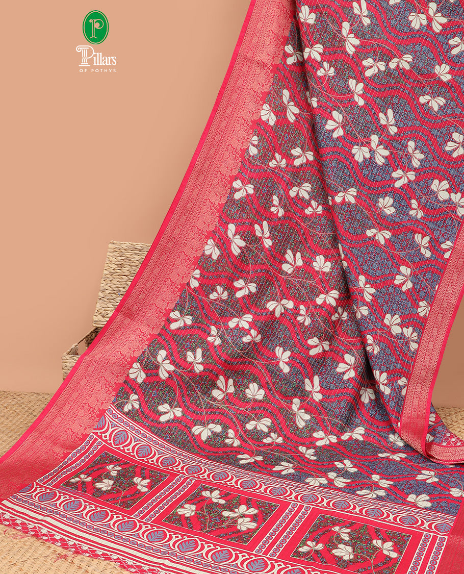 Pink allover foliage with zari line weaving dola silk saree with contrast zari jacquard border & printed rich pallu along with printed blouse