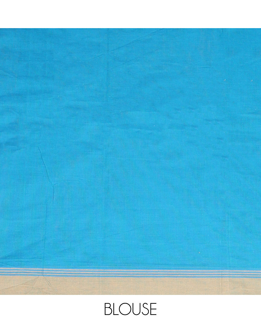 Blue Kanchi Cotton Saree, Subtly Sparkled with Floral Buttas All Over Its Body, Complemented by a Contrast Border, Pallu Steeped with Flower Vase Buttas, and Paired with a Matching Blouse