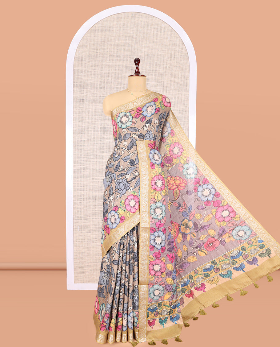 Pale Brown Kalamkari Printed Fancy Tussar Saree
