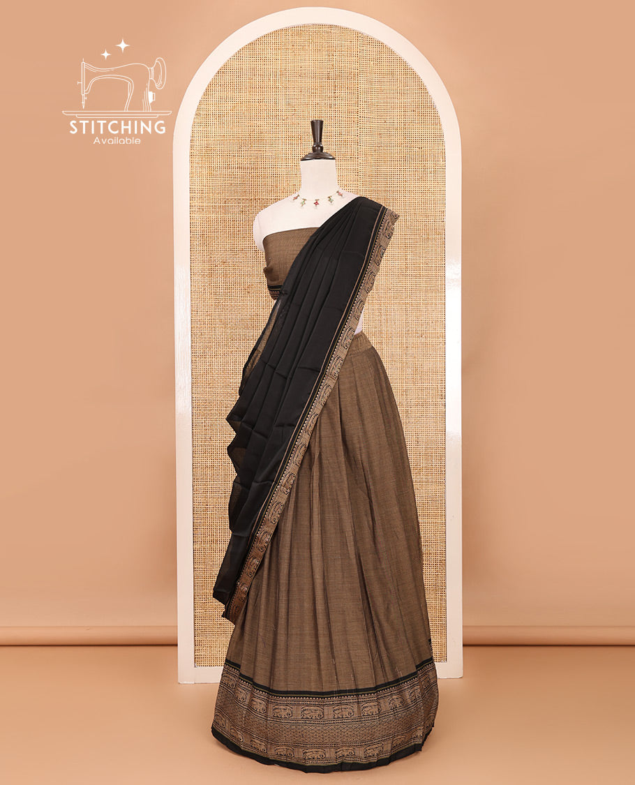 Brown with balck cotton half saree with contrast elephant design border,elephant design blouse & zari design border dhavani