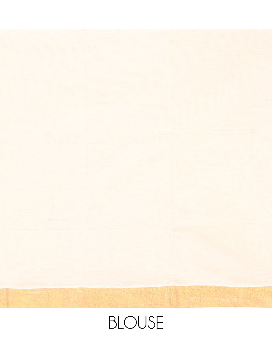 Cream Kerala Saree, Adorned with Zari Buttas on its Body, Subtly Sparkled Bavanji Border, Pallu Features Chakram Motifs, and Paired with a Matching Blouse