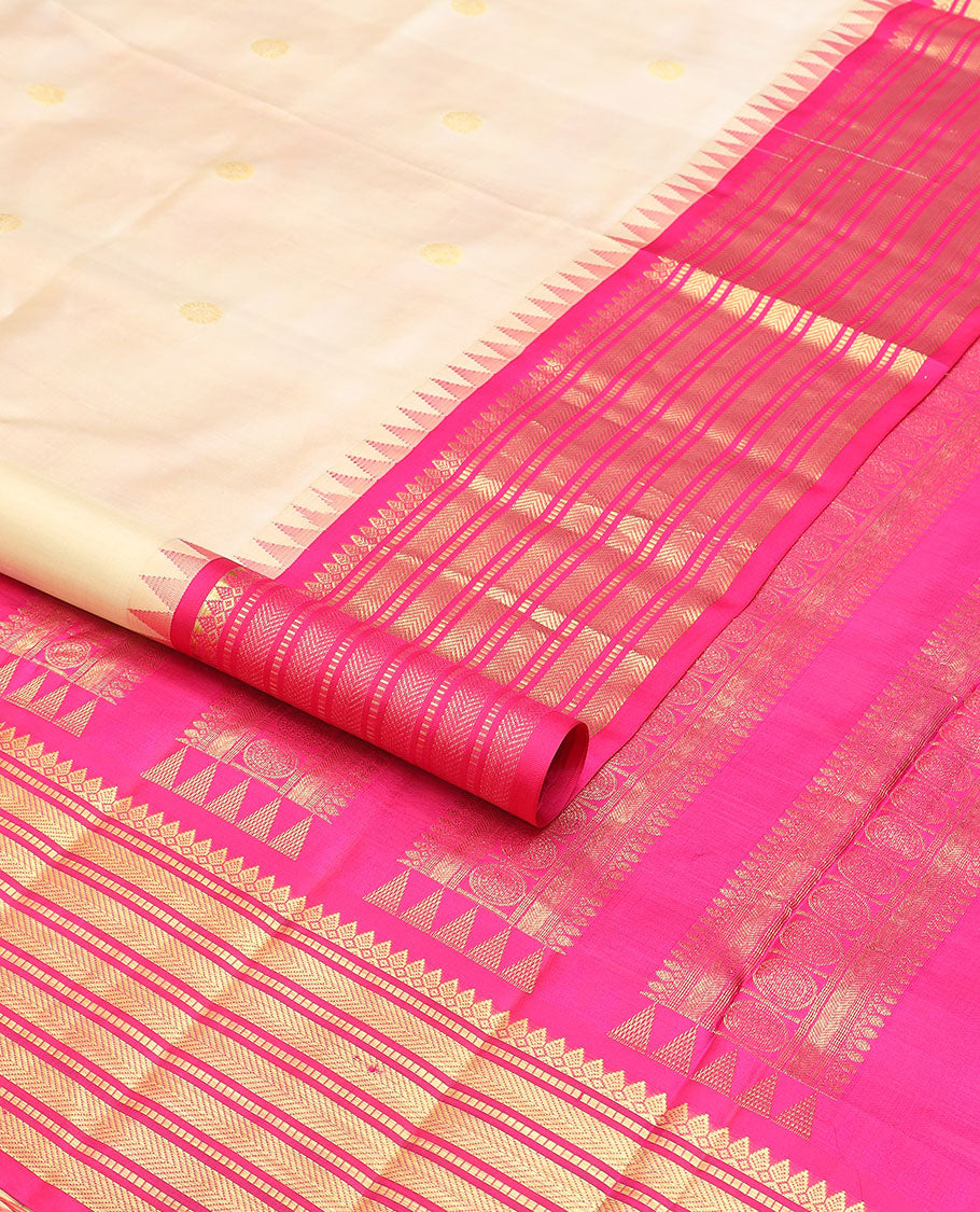 Cream buttas nine yards silk saree with contrast traditional zari design border & intricate zari design pallu