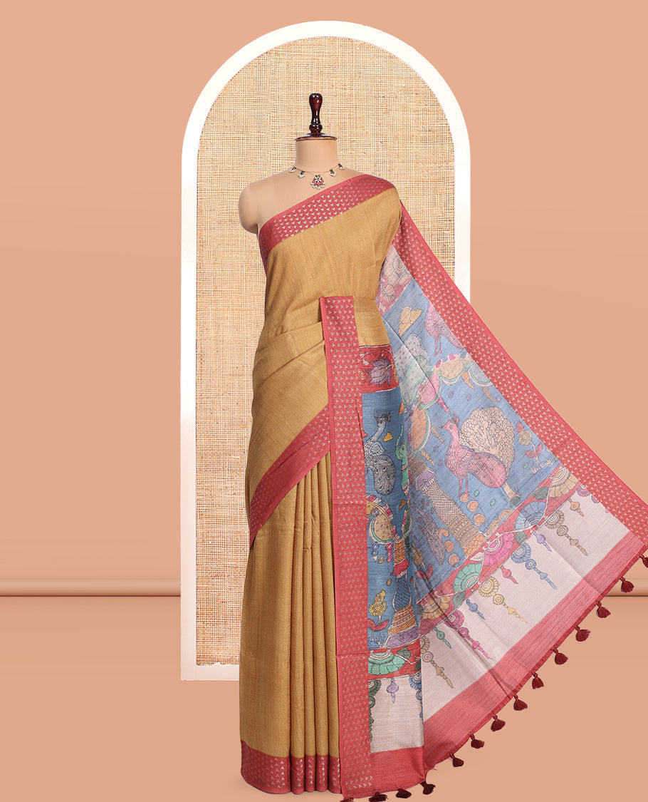Brown Plain Fancy Tussar Silk Saree, Contrast Triangle Motif Border, Pallu of Kalamkari Peacock Motifs, and Contrast Kalamkari Printed Blouse