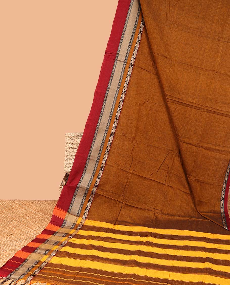 Brown plain design Narayanapet cotton saree, contrast traditional design border & striped pallu