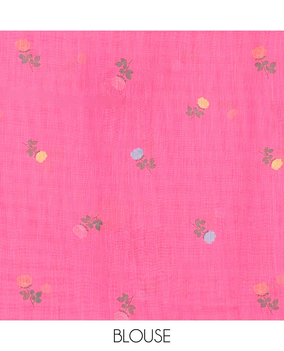Borderless Pink Linen Cotton Saree, Adorned with Rose Floral Buttas and Checked Design on Its Body, Pallu Pictures a Beautiful Rose Floral Motifs, and Paired with a Matching Blouse