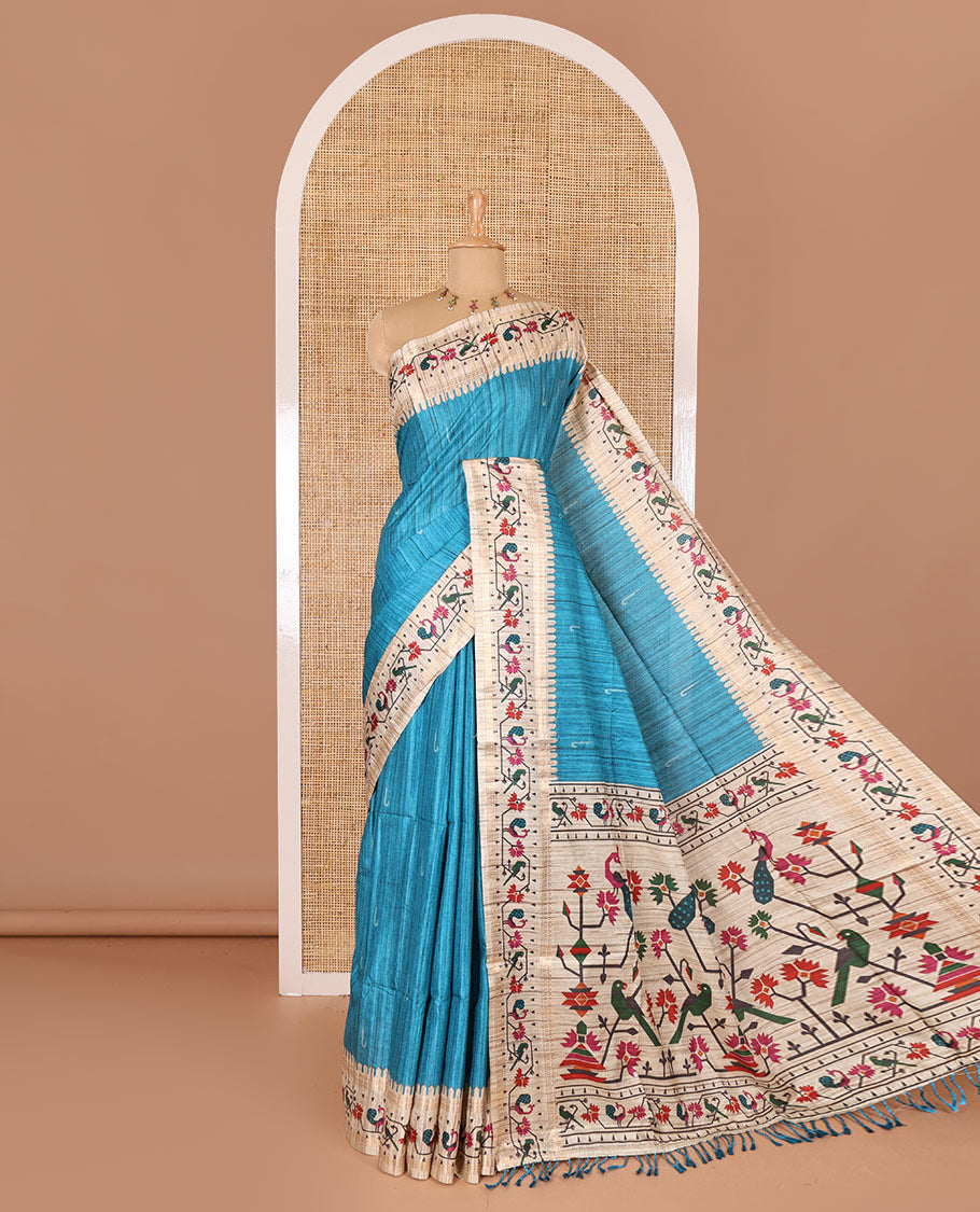 Blue muniya motifs katan silk saree, contrast paithani style border, pallu and blouse steeped with peacock, parrot, and floral motifs