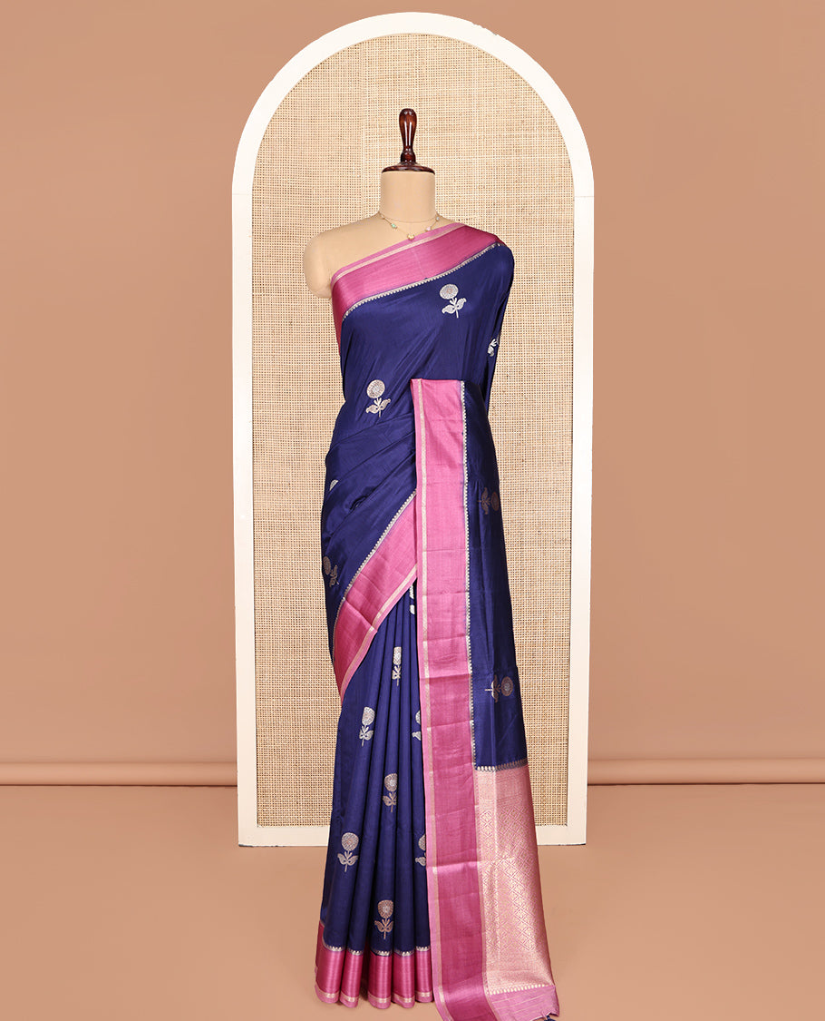 Blue Semi-Banaras Dupion Saree, Richly Detailed with Floral Buttas, Complemented by Contrast Temple Border, Grand Jaal Pallu, and a Contrast Blouse