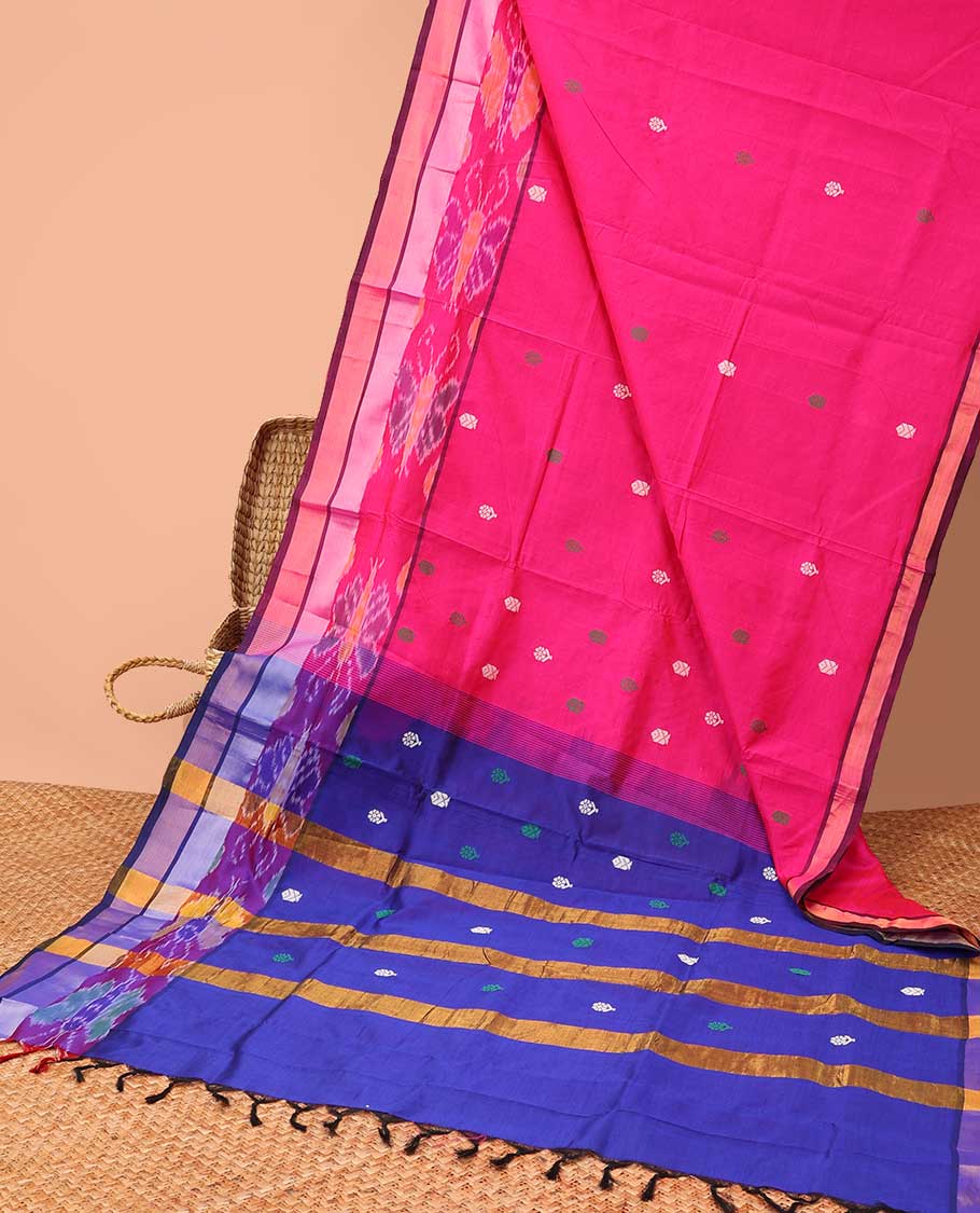 Pink kuppadam cotton saree with unique buttas, plain border & contrast pallu of unique designs