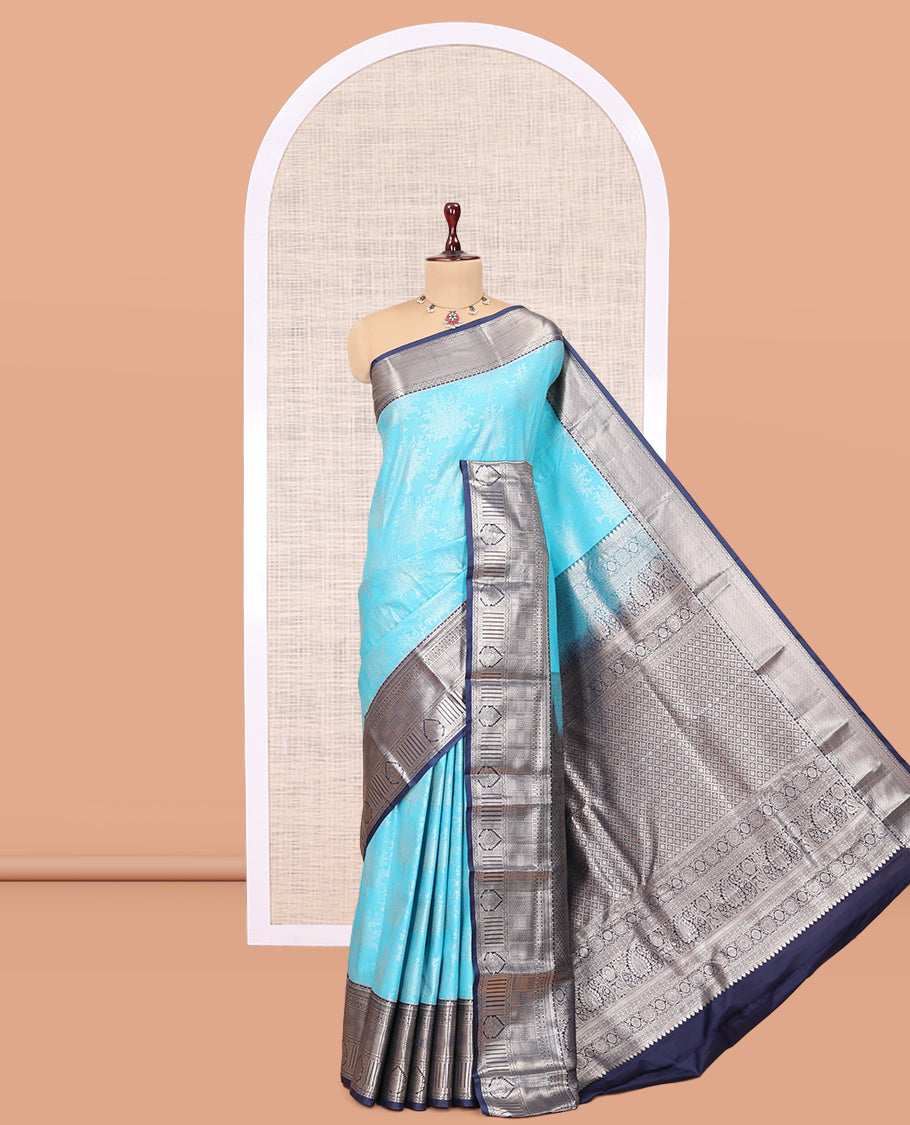 Light Blue-Navy Blue Tree Zari Butta Budget Silk Saree