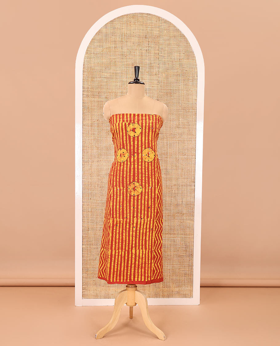 Yellow material chudidar set, batik print, mirror work and kantha work cotton top, cotton bottom, and batik printed dupatta