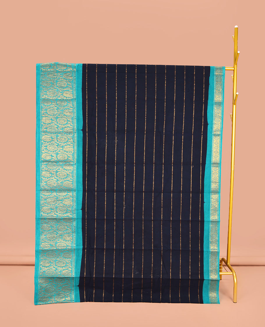 Navy Blue Sungudi Cotton Saree, Adorned with Stripes on Its Body, Complemented by a Contrast Border of Round Peacock and Floral Vine Designs, Zari Striped Pallu, and Has No Blouse