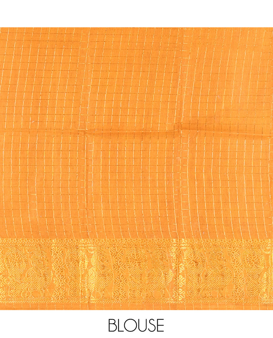 Coffee Brown Zari Checked Sungudi Cotton Saree, Highlighted by Peacock Zari Border, and a Contrast Blouse