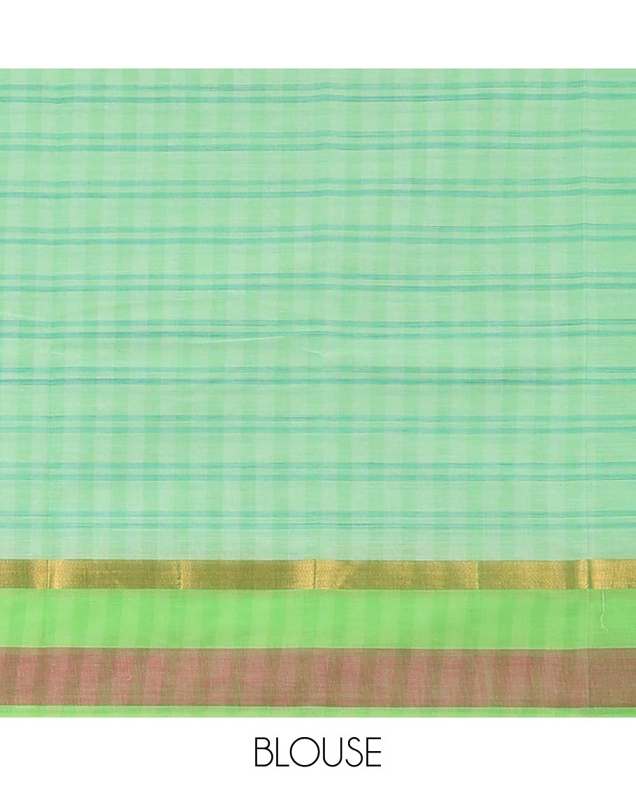 Off-white checked chirla cottton saree with contrast striped border & checked pallu