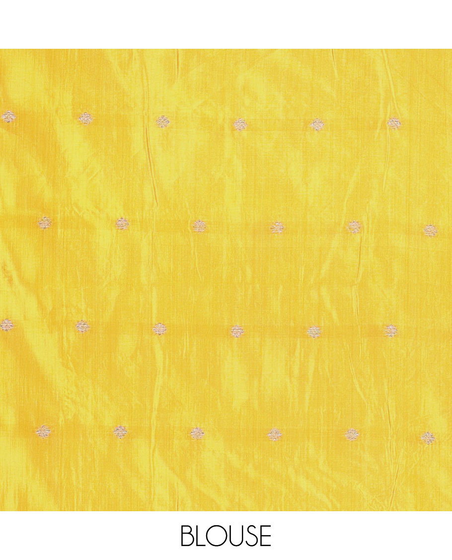 Mustard Semi-Tussar Saree Subtly Woven With Floral Zari Buttas, Featuring a Geometric-Patterned Zari Border, Adorned With a Butta-Enclosed Checked Pallu, and a Matching Blouse