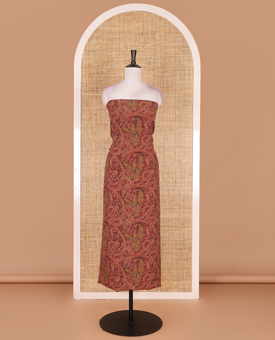 Reddish maroon Italian crepe material chudidar set, paisley printed top, plain bottom, and floral-paisley printed georgrette dupatta