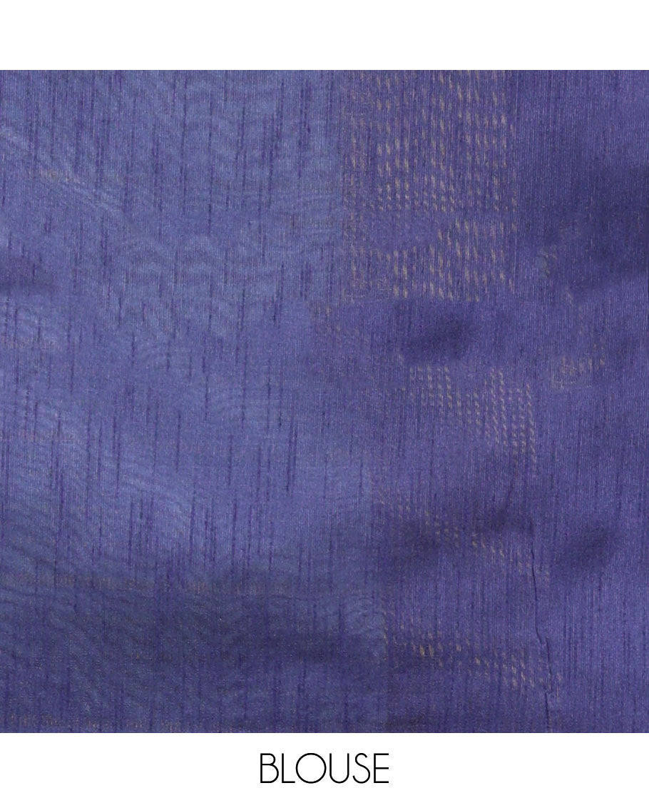 Borderless blue horizontal zari striped semi-raw silk saree, striped pallu & contrast navy blue plain blouse