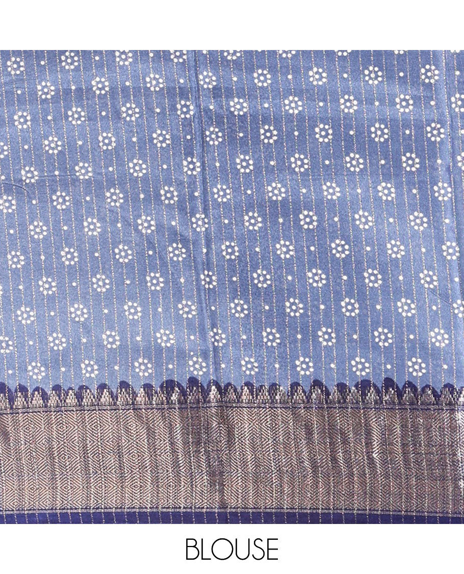Grey zari striped & batik-paisley dola silk saree,contrast traditional zari border,printed pallu & zari striped & butta print blouse