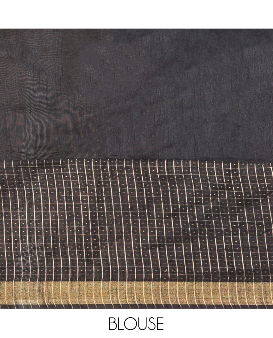 Rani Pink Semi-Raw Silk Saree, Delicately Woven with Zig-Zag Stripes All Over Its Body, Complemented by Contrast Border of Butta Enclosed Checks, Striped Pallu, and Paired with a Contrast Blouse