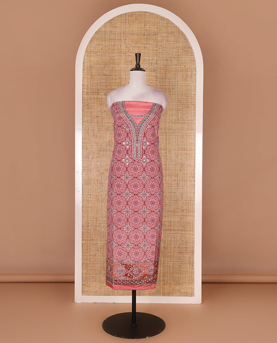 Peach material chudidar set, intricately printed with original mirror work crepe top, Italian crepe bottom, and chinon digital print, mirror work dupatta