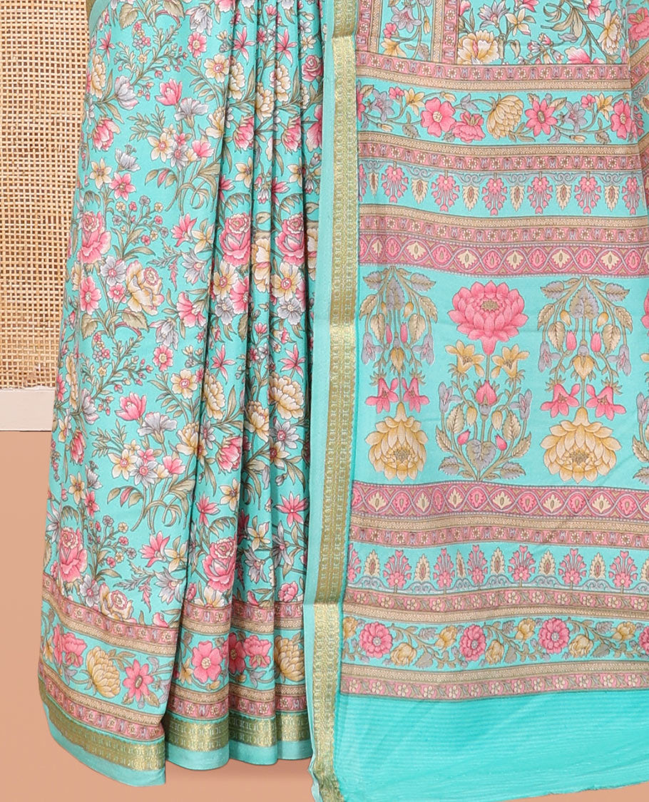 Turquoise Printed Silk Saree, Mesmerized with Floral Vine Print, a Traditional Zari Border, Floral Print Pallu, and a Matching Blouse