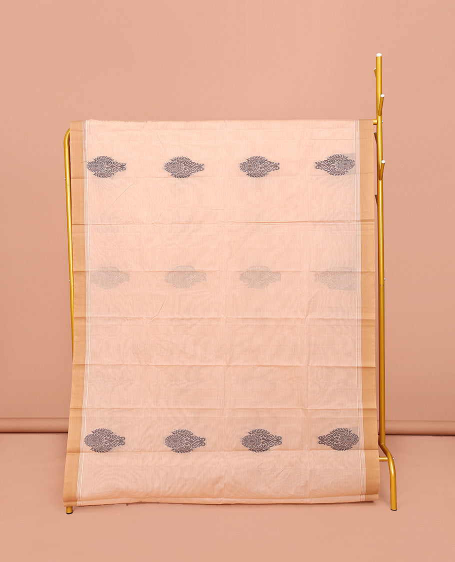 Sandal Kanchi Cotton Saree, Beautified with Buttas All Over Its Body, Complemented by Contrast Border, Pallu Steeped with Stripes and Paisleys, and Paired with a Matching Blouse