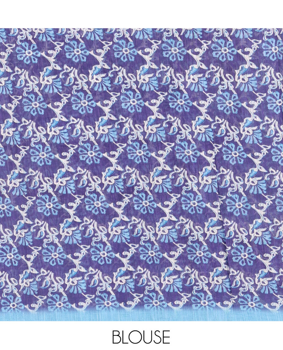 Blue Linen Cotton Saree, Adorned with Shibori Print, Gold Piping Border, Contrast Floral Printed Pallu, and Contrast Floral Printed Blouse