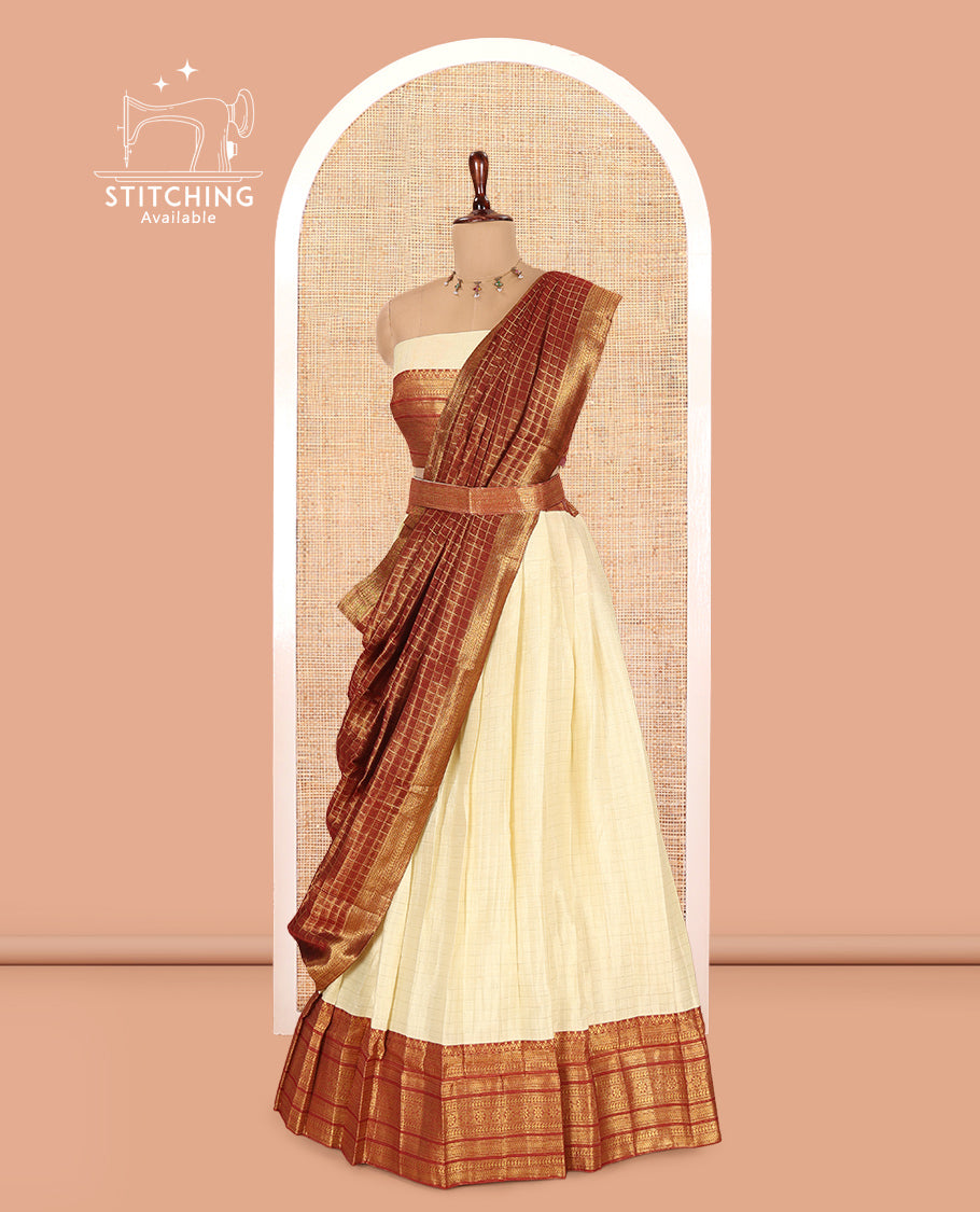 Cream-Maroon Semi-Silk Half-Saree