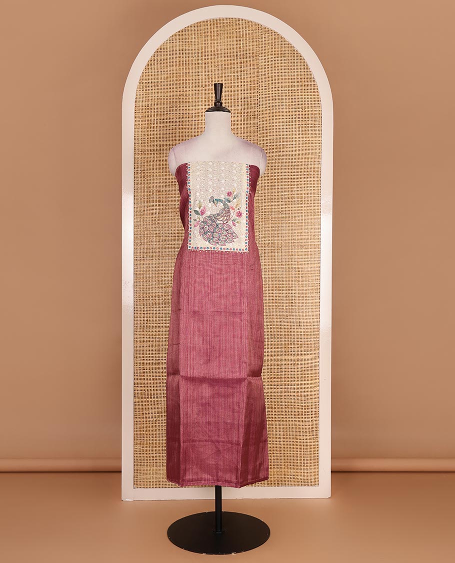 Magenta tissue material chudidar set, peacock printed with neck patch embroidered top, plain bottom, dupatta of peacock print, and cut work