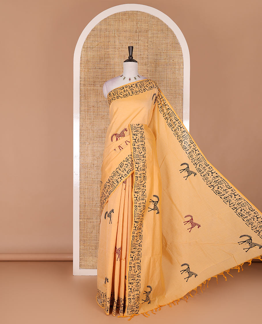 Peach Warli theme horse hand block printed South cotton saree, Warli hand block printed border and pallu, along with contrast handblock printed blouse
