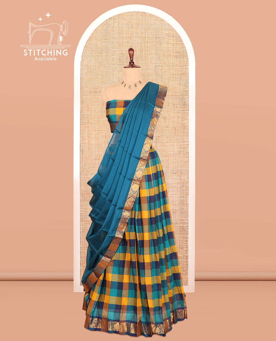 Multi-Color Checked Chettinad Cotton Half-Saree Features a Zari Border, Matching Blouse, Contrast Dhavani