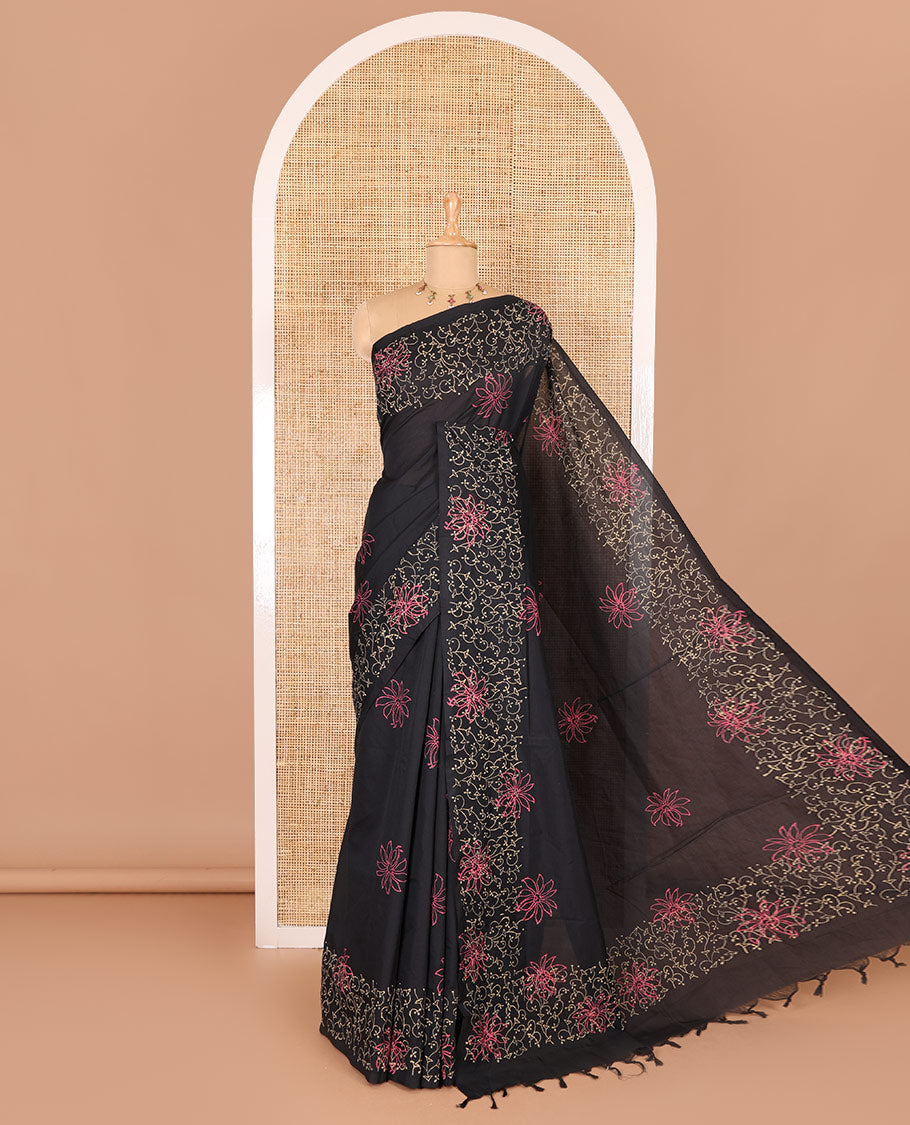 Black floral block printed South cotton saree, floral vine block printed border, floral printed pallu, and a matching blouse and a contrast floral motifs printed blouse