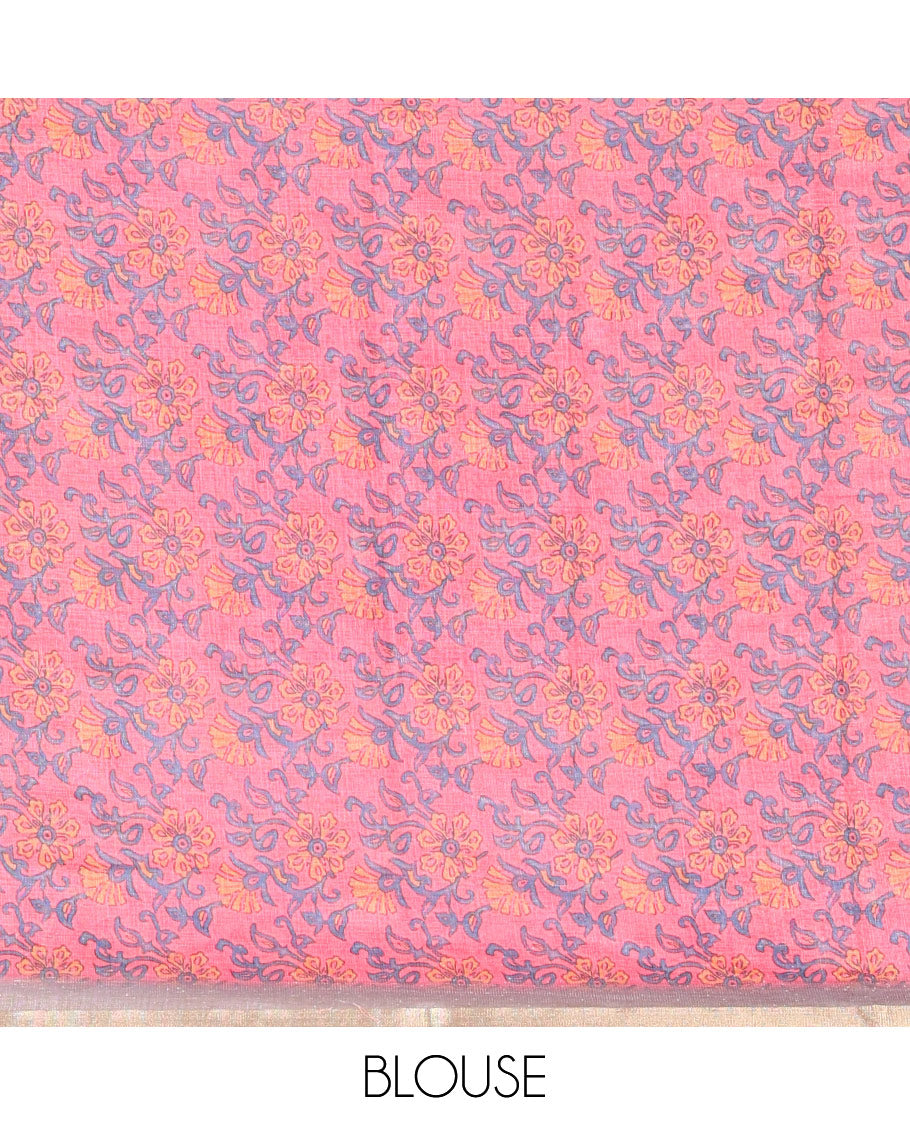 Grey shibori printed linen cotton saree, piping border, contrast floral printed pallu, and a contrast floral printed blouse