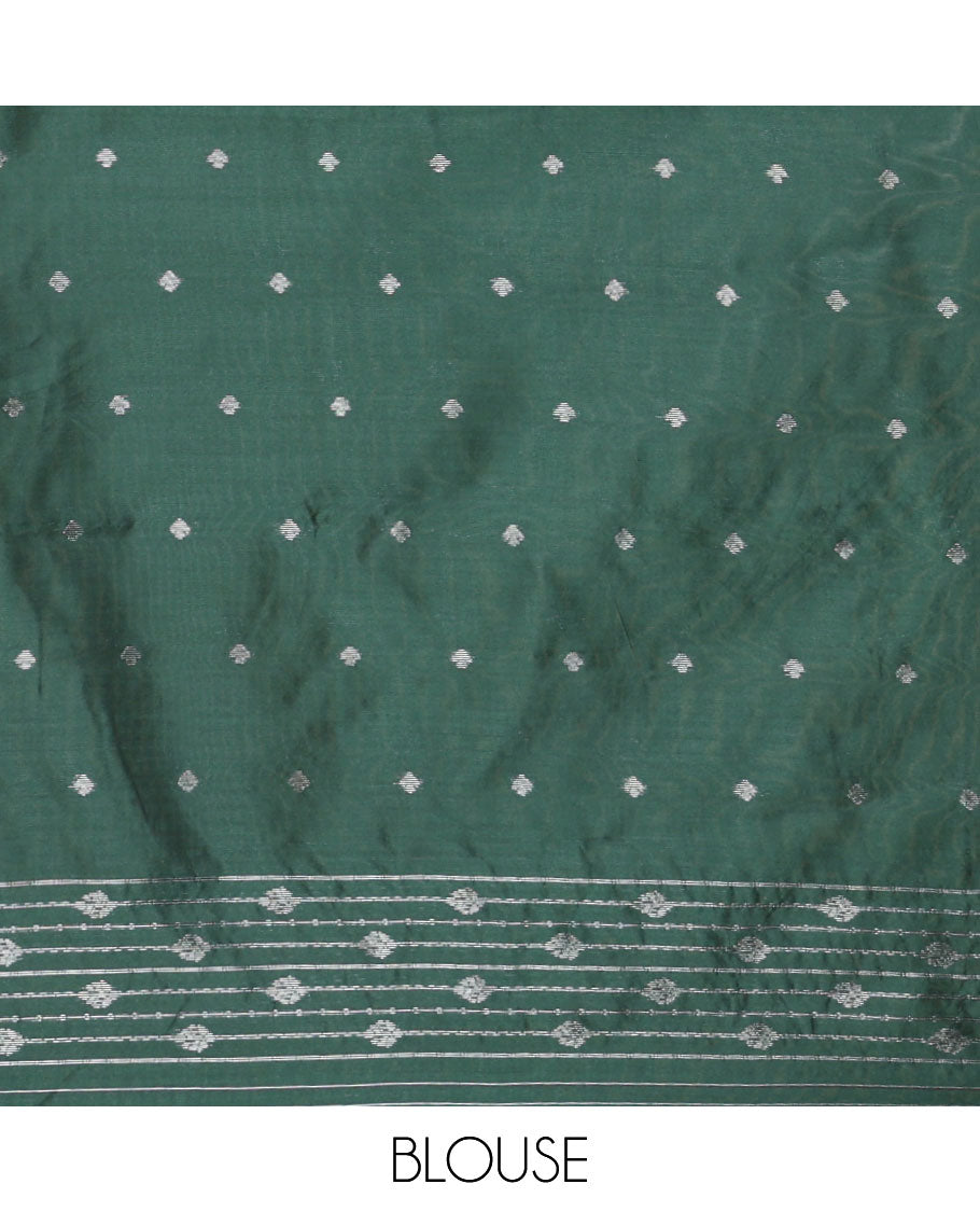Borderless green thousand zari buttas kanchi silk saree, self-pallu of buttas and stripes in zari