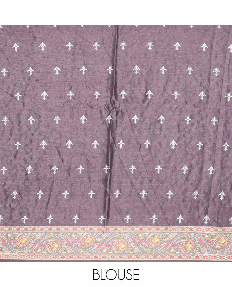 Black printed, mirror work synon silk saree with printed border, mirror work & printed blouse along with butta printed blouse