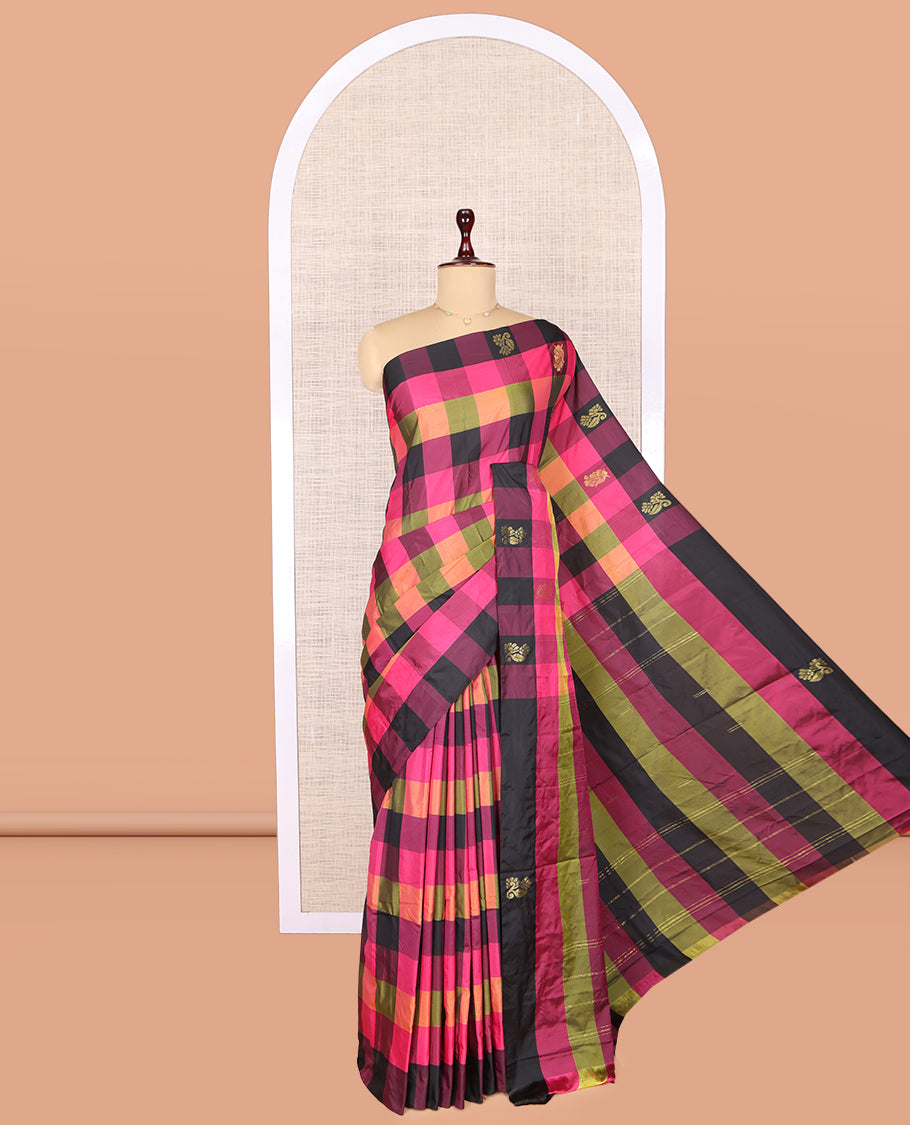 Borderless Multi-Color Checked Arani Saree, Adorned with Zari Buttas, a Pallu of Zari Stripes, and a Matching Blouse